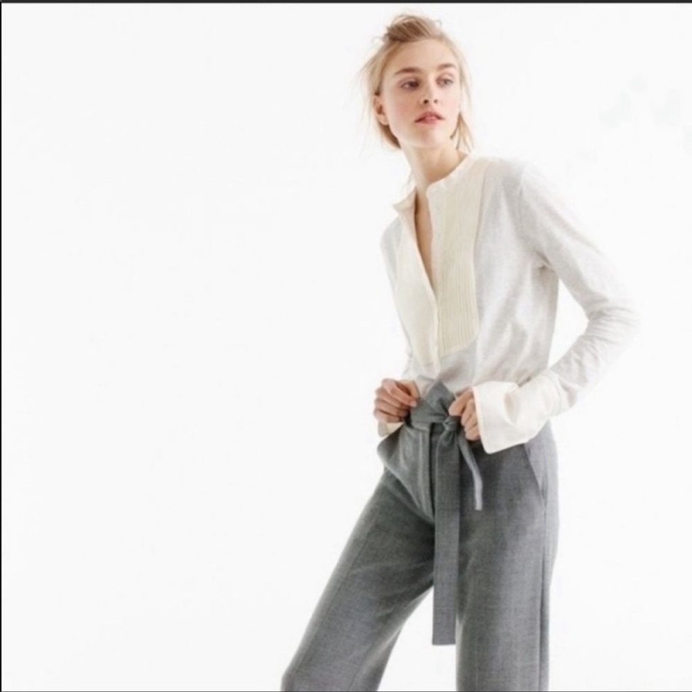J. Crew Tuxedo Inspired Ivory Satin and Cotton Long Sleeve Top